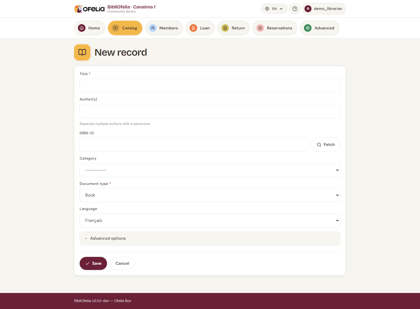 Record creation form