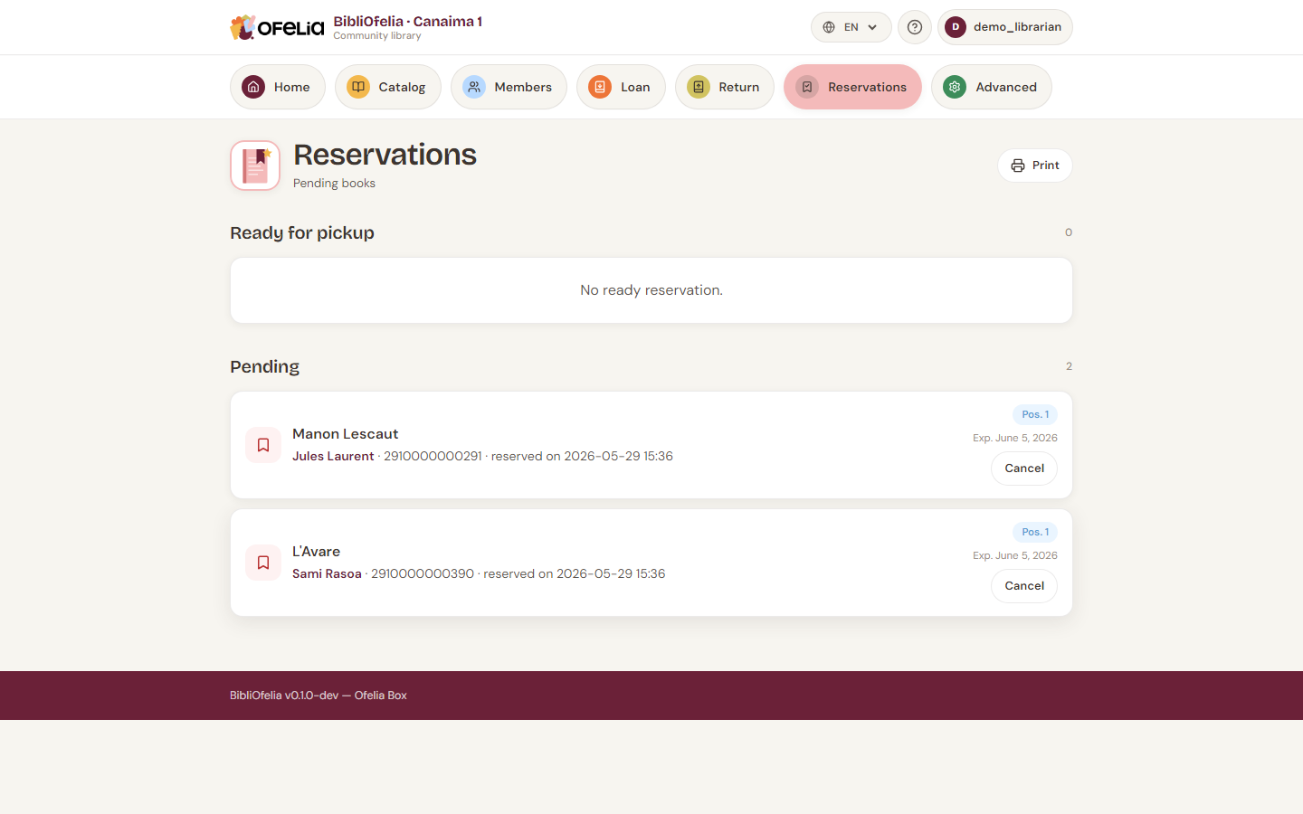 Reservation list