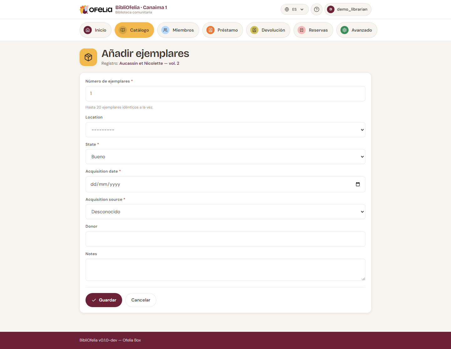 Formulario de añadir ejemplar