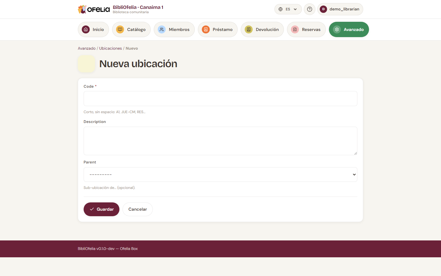 Formulario de creación de ubicación