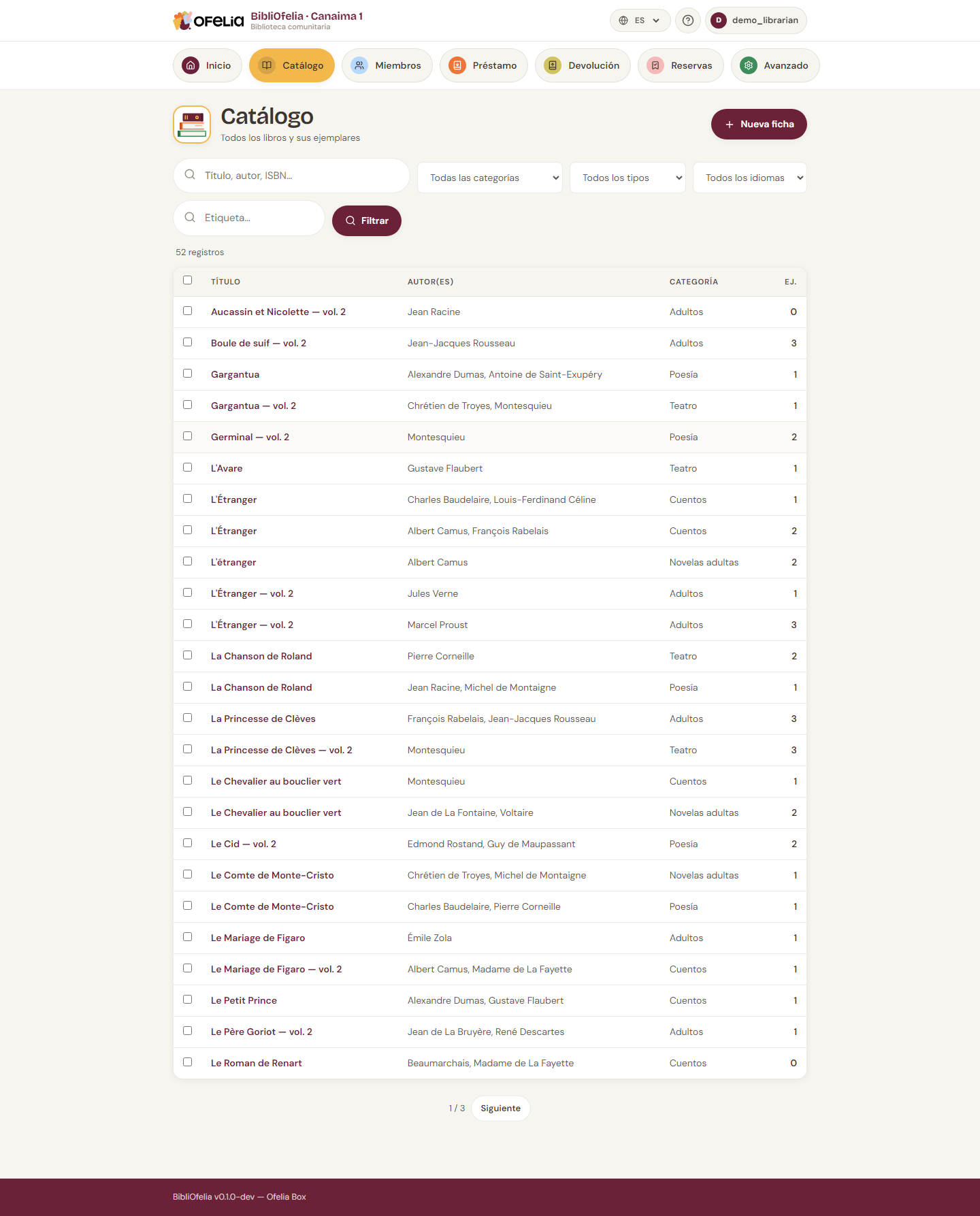 Lista del catálogo con filtros