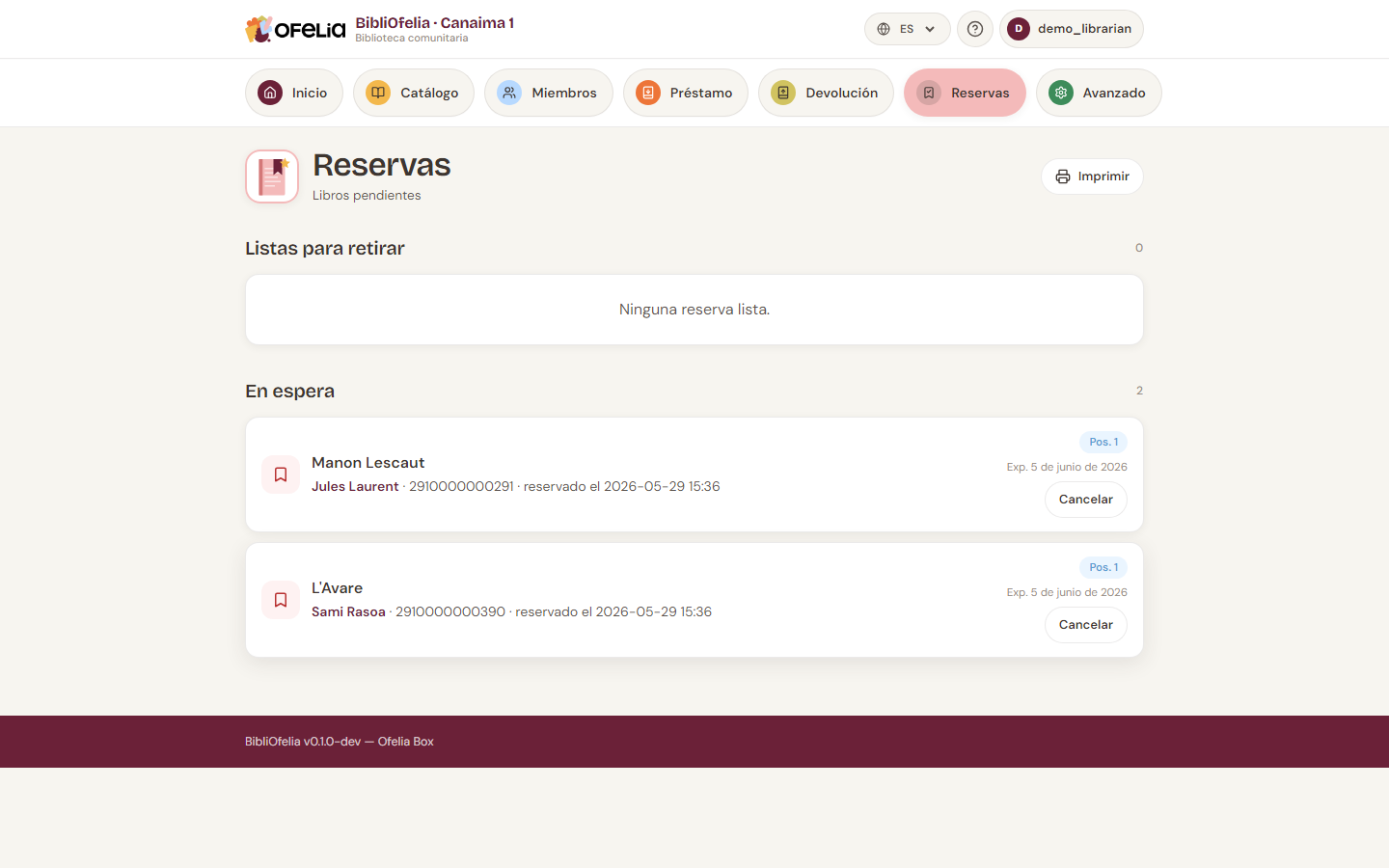 Lista de reservas