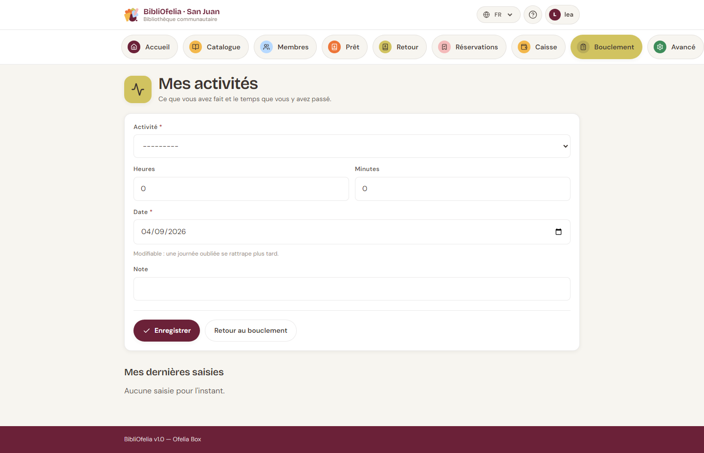 Saisie d'une activité