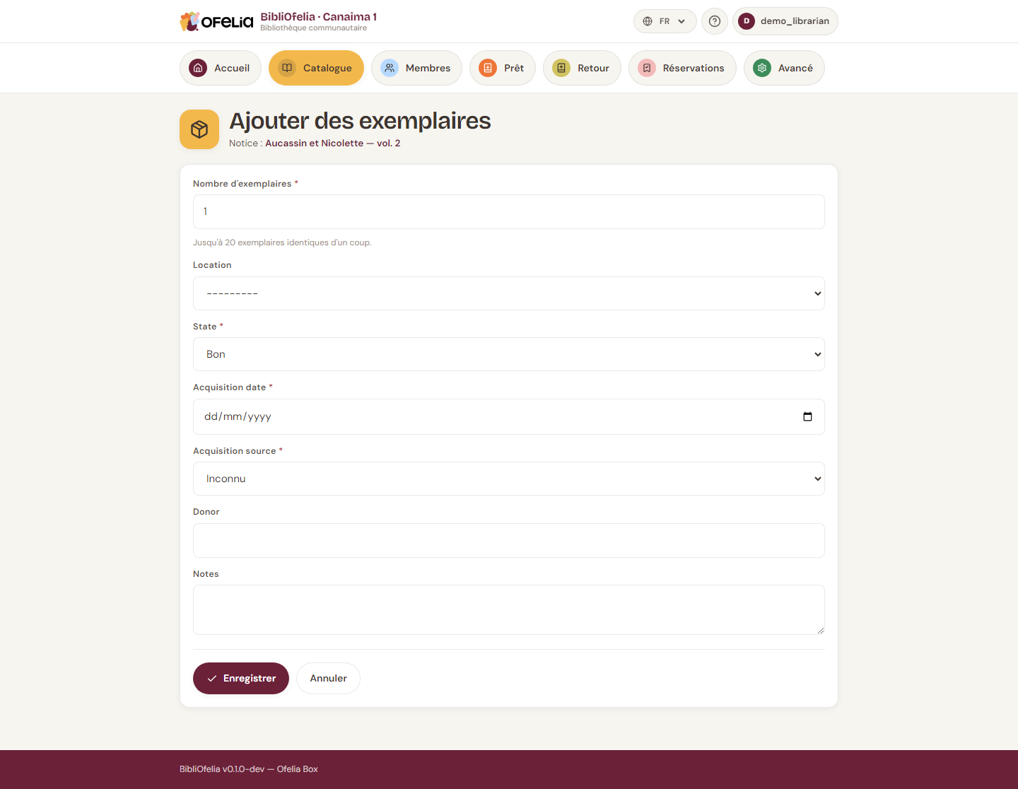 Formulaire d'ajout d'exemplaire