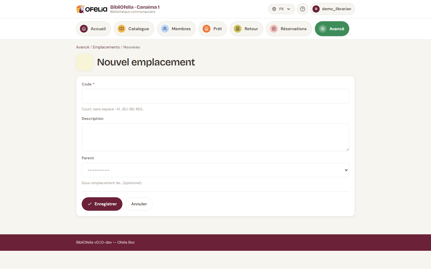 Formulaire de création d'une localisation