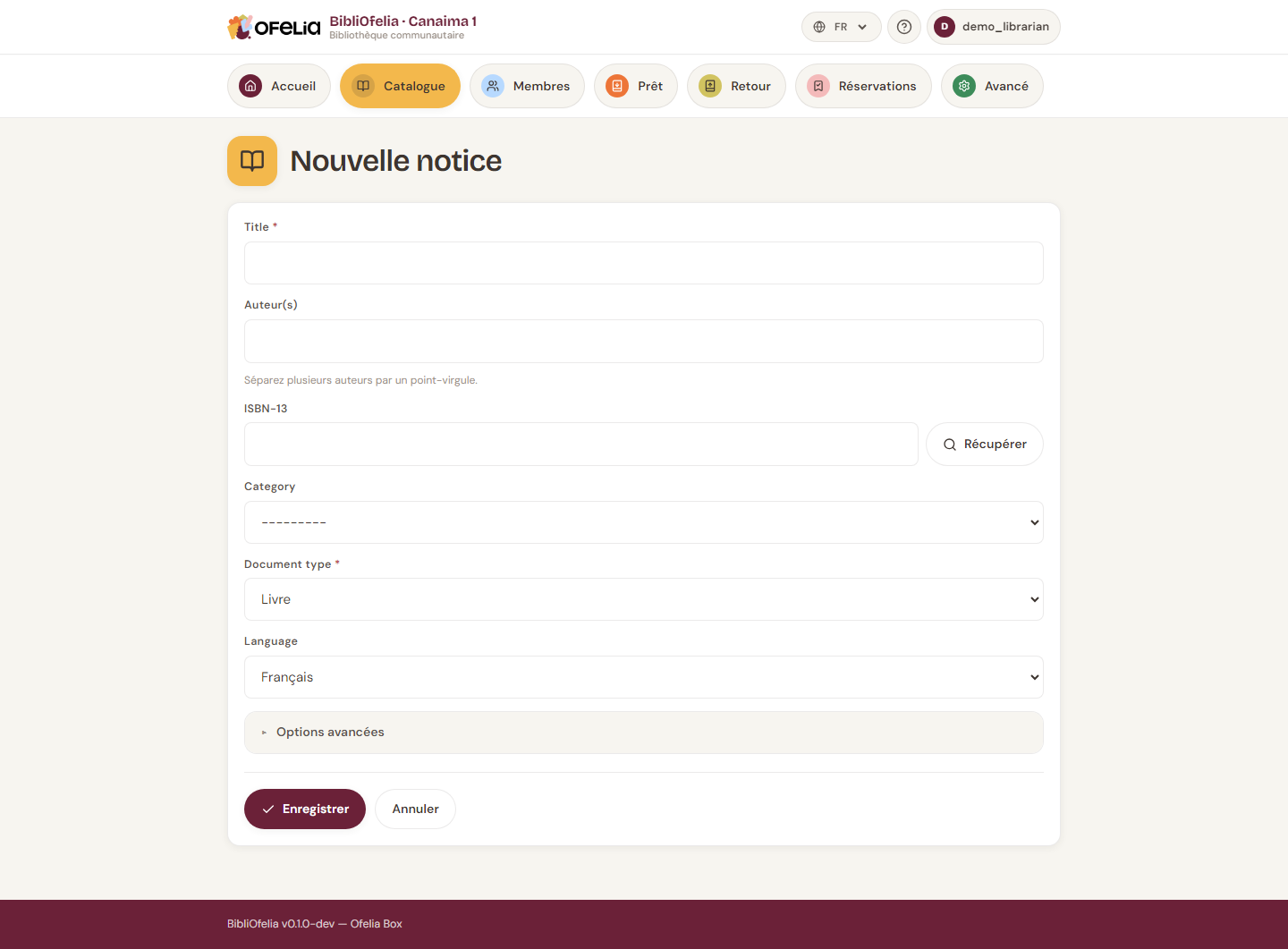 Formulaire de création de notice