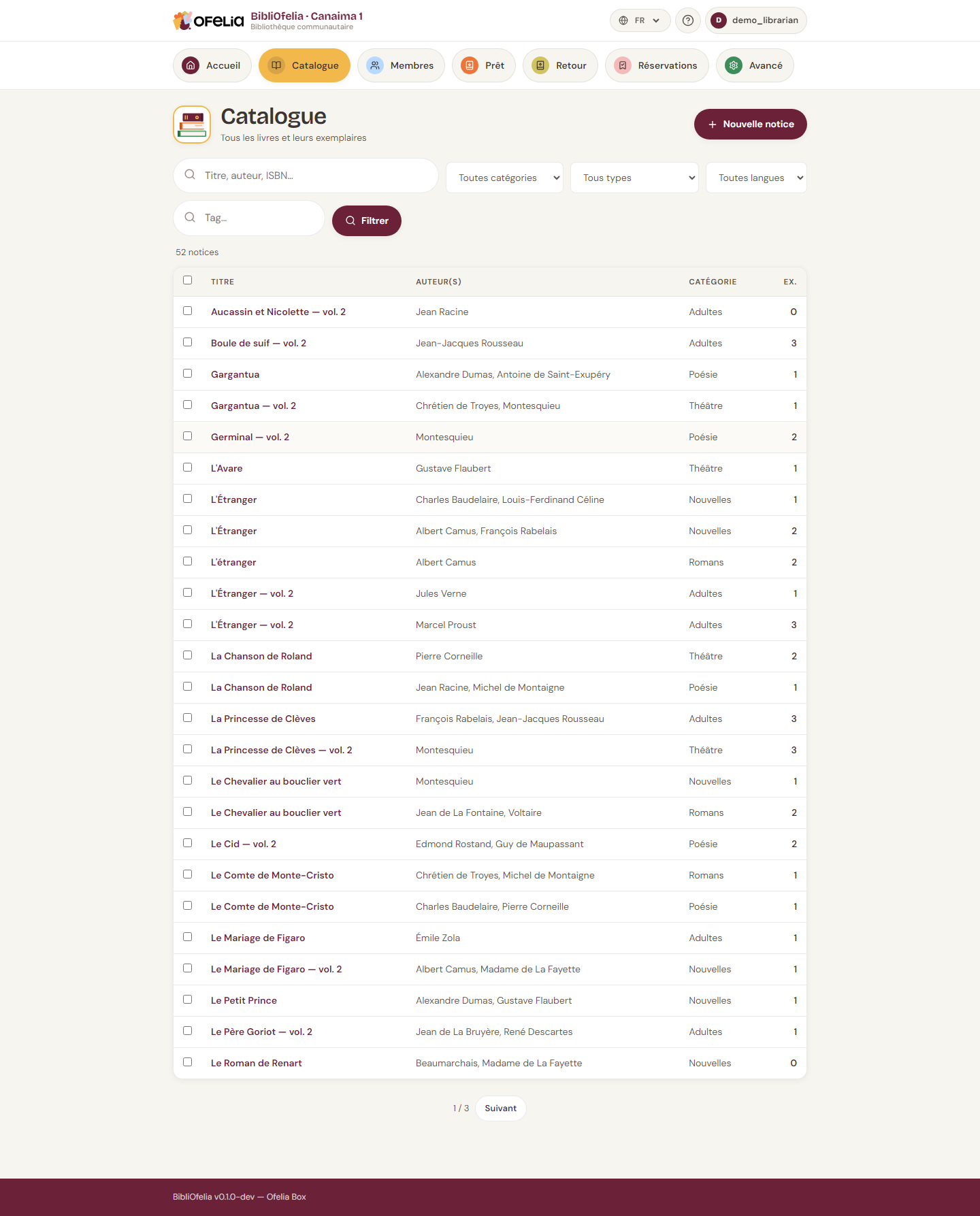 Liste du catalogue avec filtres