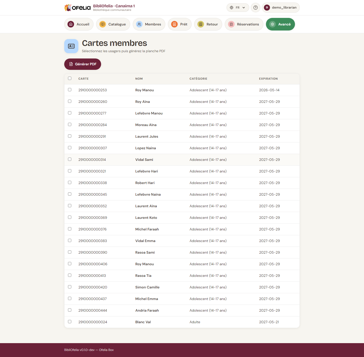 Page de génération des cartes