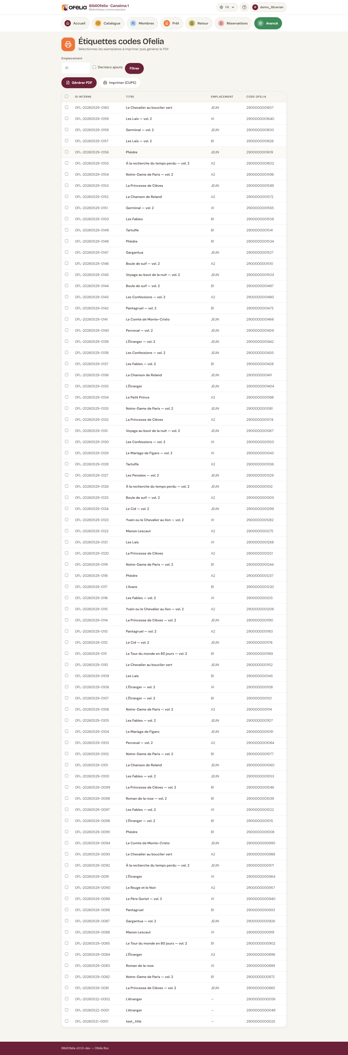 Page de sélection des étiquettes
