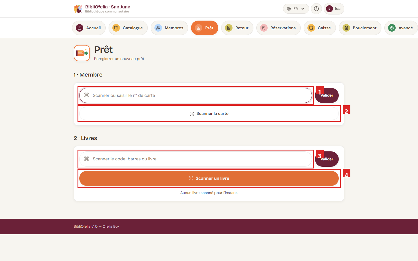 Page Prêt avec les zones d'action repérées 1, 2, 3, 4
